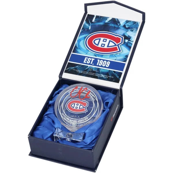 Cole Caufield Signed Crystal Puck | Game-Used Ice 2024-25