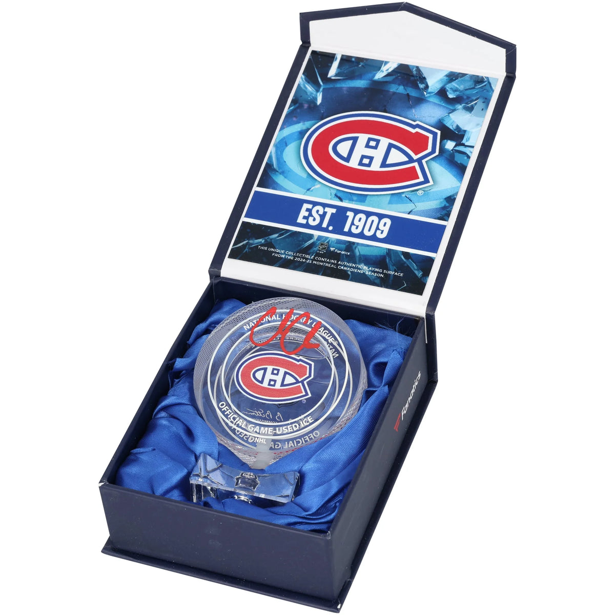 Cole Caufield Signed Crystal Puck | Game-Used Ice 2024-25
