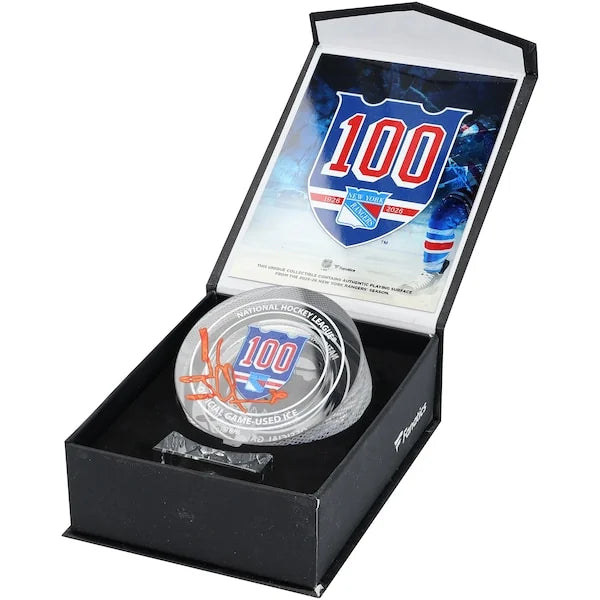 2025-26 Henrik Lundqvist Signed 100th Anniversary Crystal Puck | Rangers Home Ice