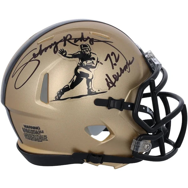 Johnny Rodgers Signed 2023 Gold Riddell Heisman Mini Helmet | '72 Heisman Inscription