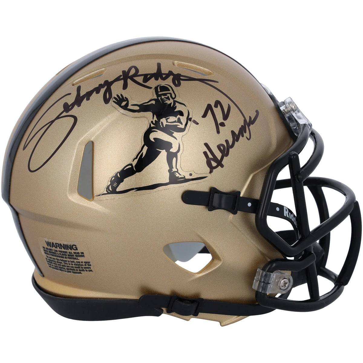 Johnny Rodgers Signed 2023 Gold Riddell Heisman Mini Helmet | '72 Heisman Inscription