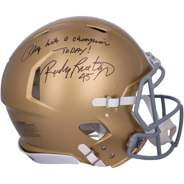 Rudy Ruettiger Signed Notre Dame Gold Speed Helmet | "Play like a | WPHLTRU0017
