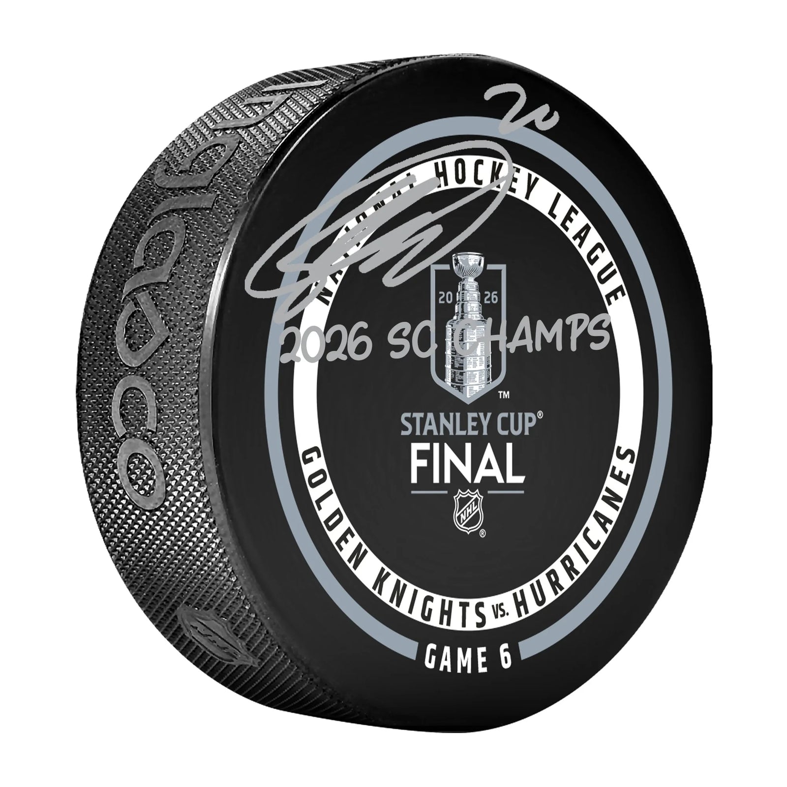 Sebastian Aho Carolina Hurricanes Autographed Fanatics Authentic 2026 Stanley Cup Champions Official Game Puck with "2026 SC Champs" Inscription - F