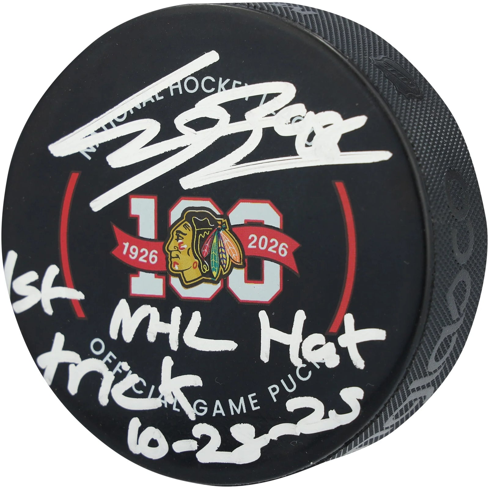 Connor Bedard Chicago Blackhawks Autographed 100th Anniversary Official Game Puck with "1st NHL Hat Trick 10-28-25" Inscription - S