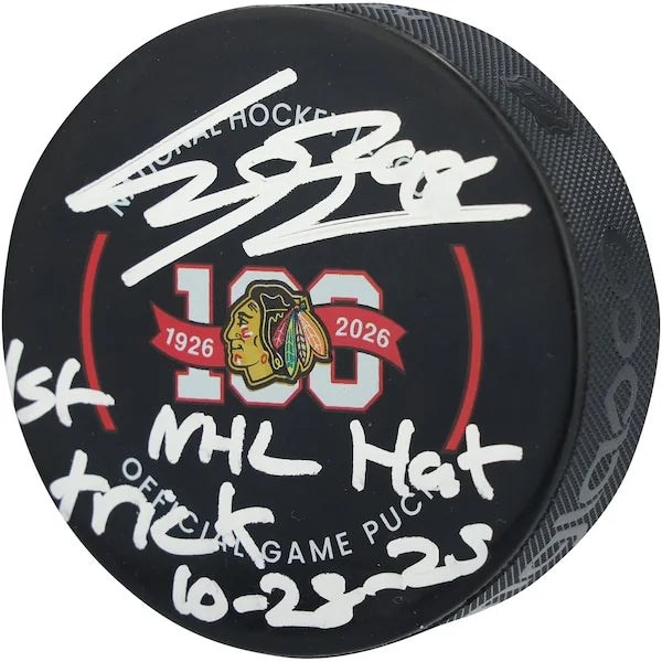 Connor Bedard Signed 100th Anniversary Blackhawks Puck | 1st NHL Hat Trick 10/28/25