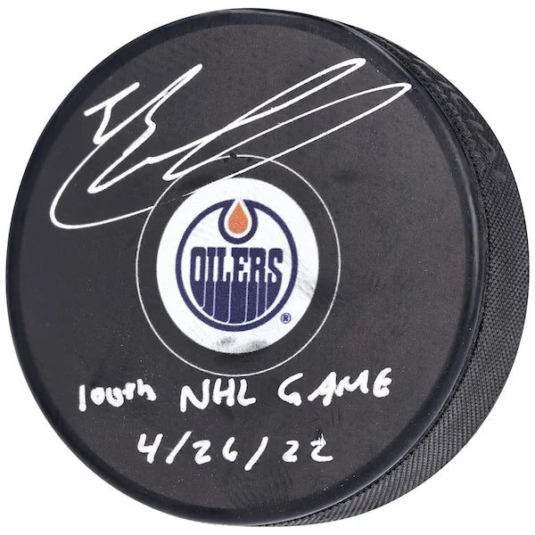 Evan Bouchard Signed Hockey Puck | 100th NHL Game 4/26/22