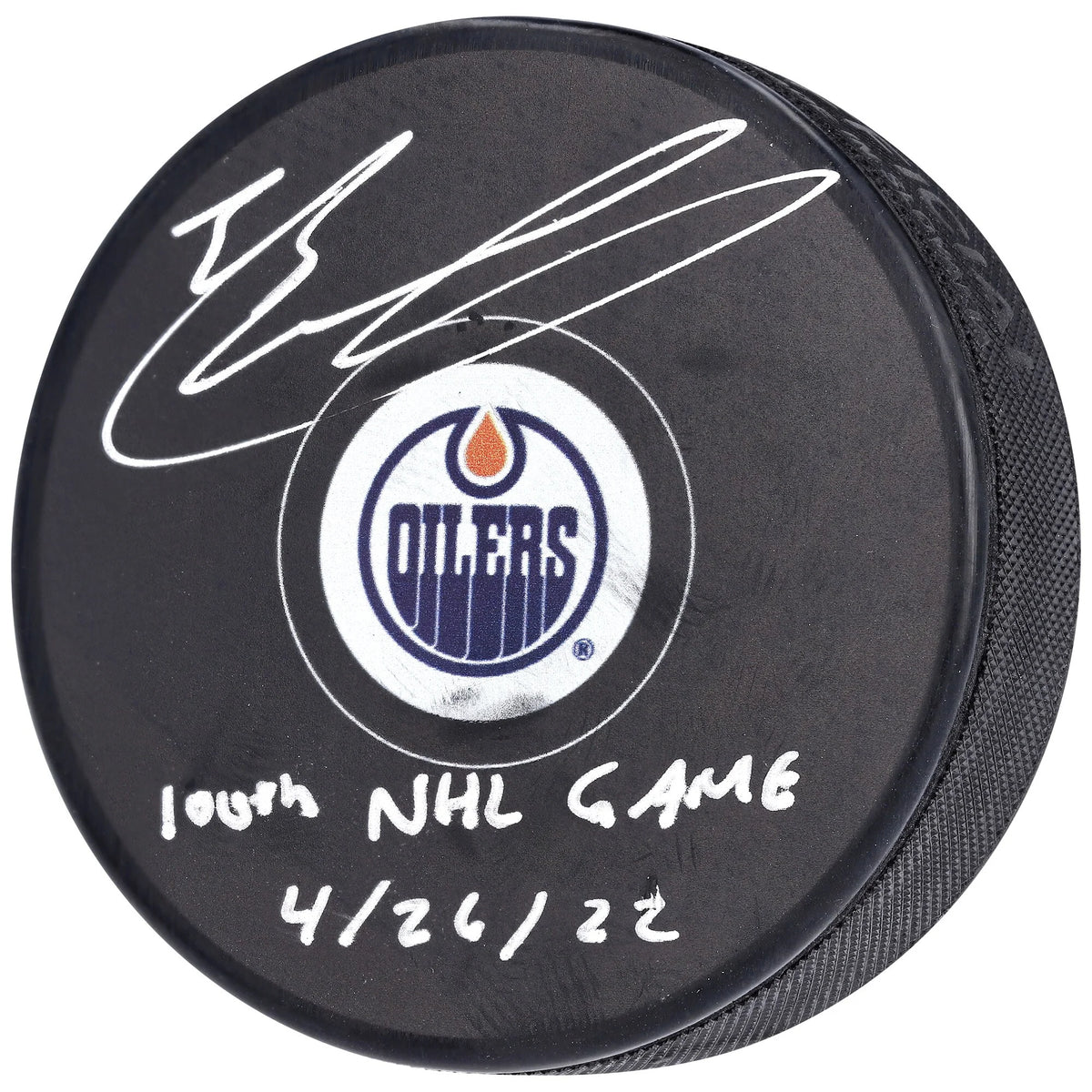 Evan Bouchard Signed Hockey Puck | 100th NHL Game 4/26/22