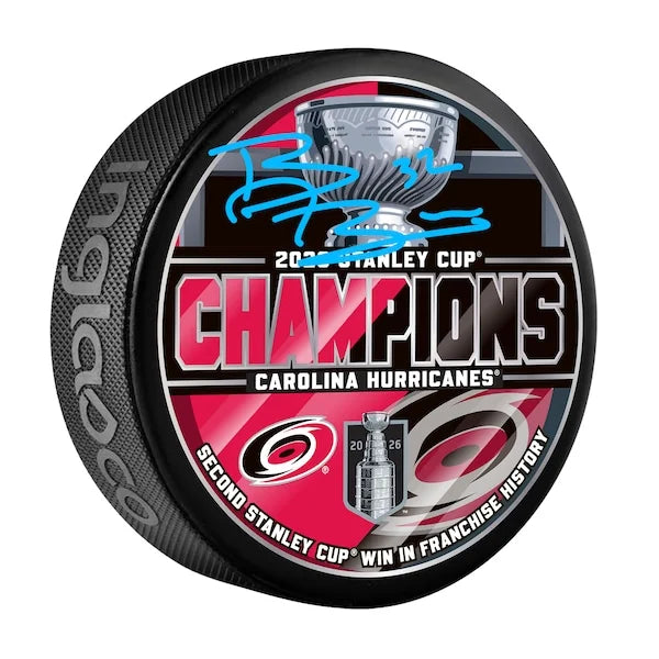 Brandon Bussi Signed Carolina Hurricanes Hockey Puck | 2026 Stanley Cup Champions