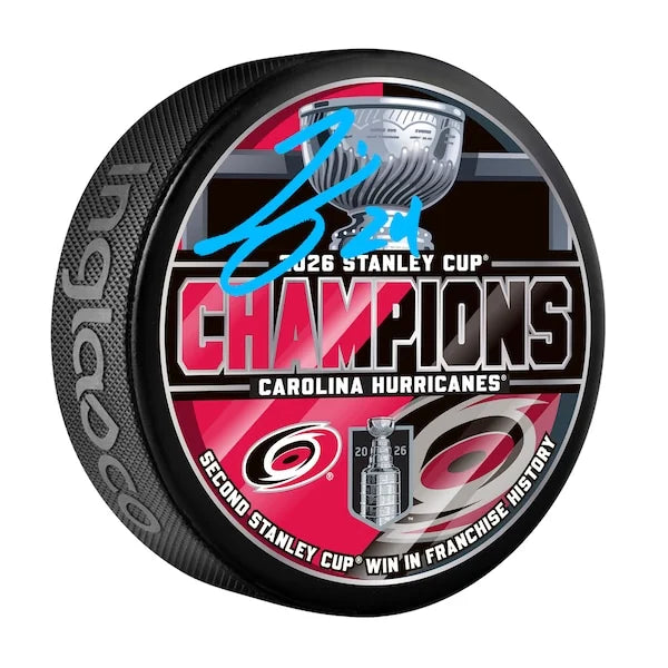 Seth Jarvis Carolina Hurricanes Autographed 2026 Stanley Cup Champions Hockey Puck - F