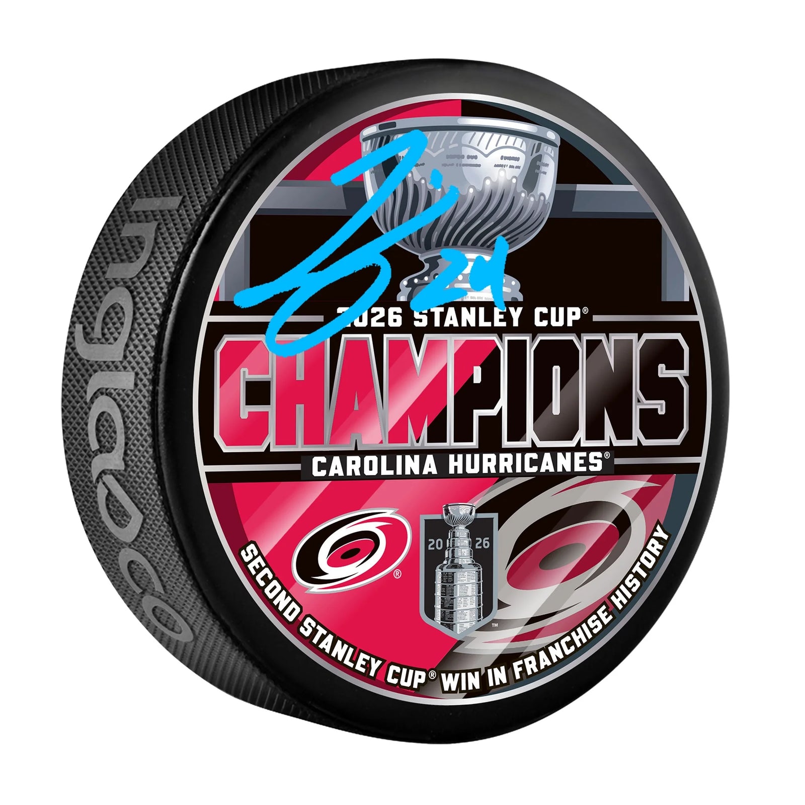 Seth Jarvis Carolina Hurricanes Autographed 2026 Stanley Cup Champions Hockey Puck - F
