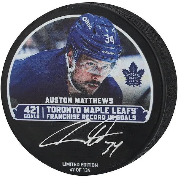 Auston Matthews Signed Hockey Puck | Franchise Goal Leader Limited Edition