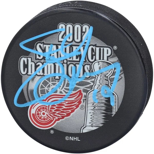 Steve Yzerman Signed 2002 Stanley Cup Champions Hockey Puck | Detroit Red | WPUCKYZ0014