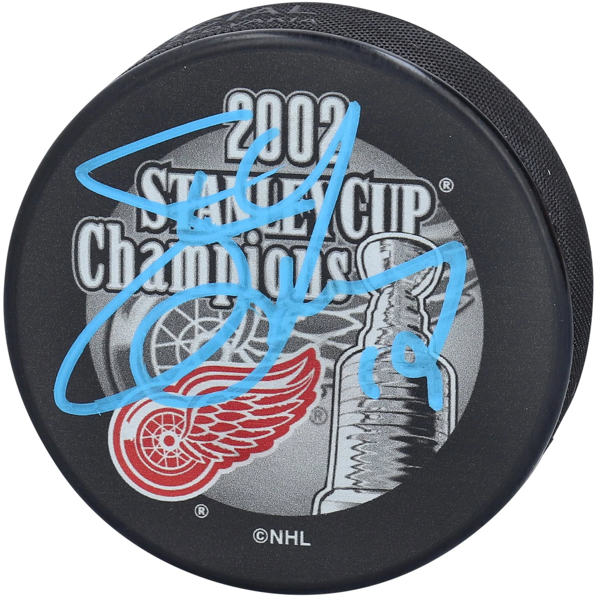 Steve Yzerman Signed 2002 Stanley Cup Champions Hockey Puck | Detroit Red | WPUCKYZ0014