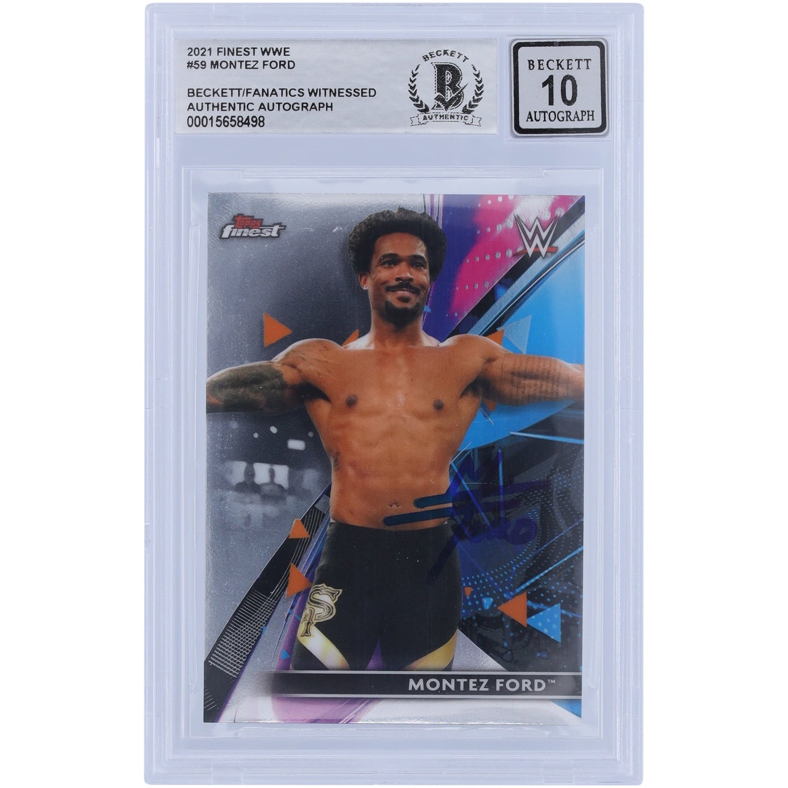 Montez Ford WWE Autographed 2021 Topps Finest 59 Beckett Fanatics Witnessed Authenticated 10 Card - The Ballers Bank