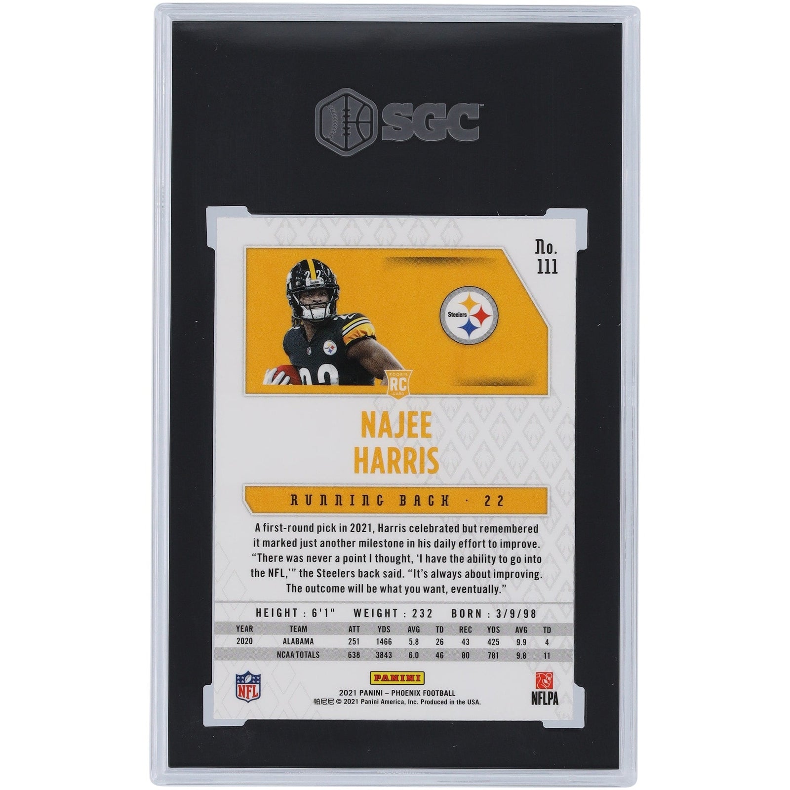 Najee Harris Pittsburgh Steelers 2021 Panini Phoenix Fire Burst 111 SGC Authenticated 9 Rookie Card - The Ballers Bank