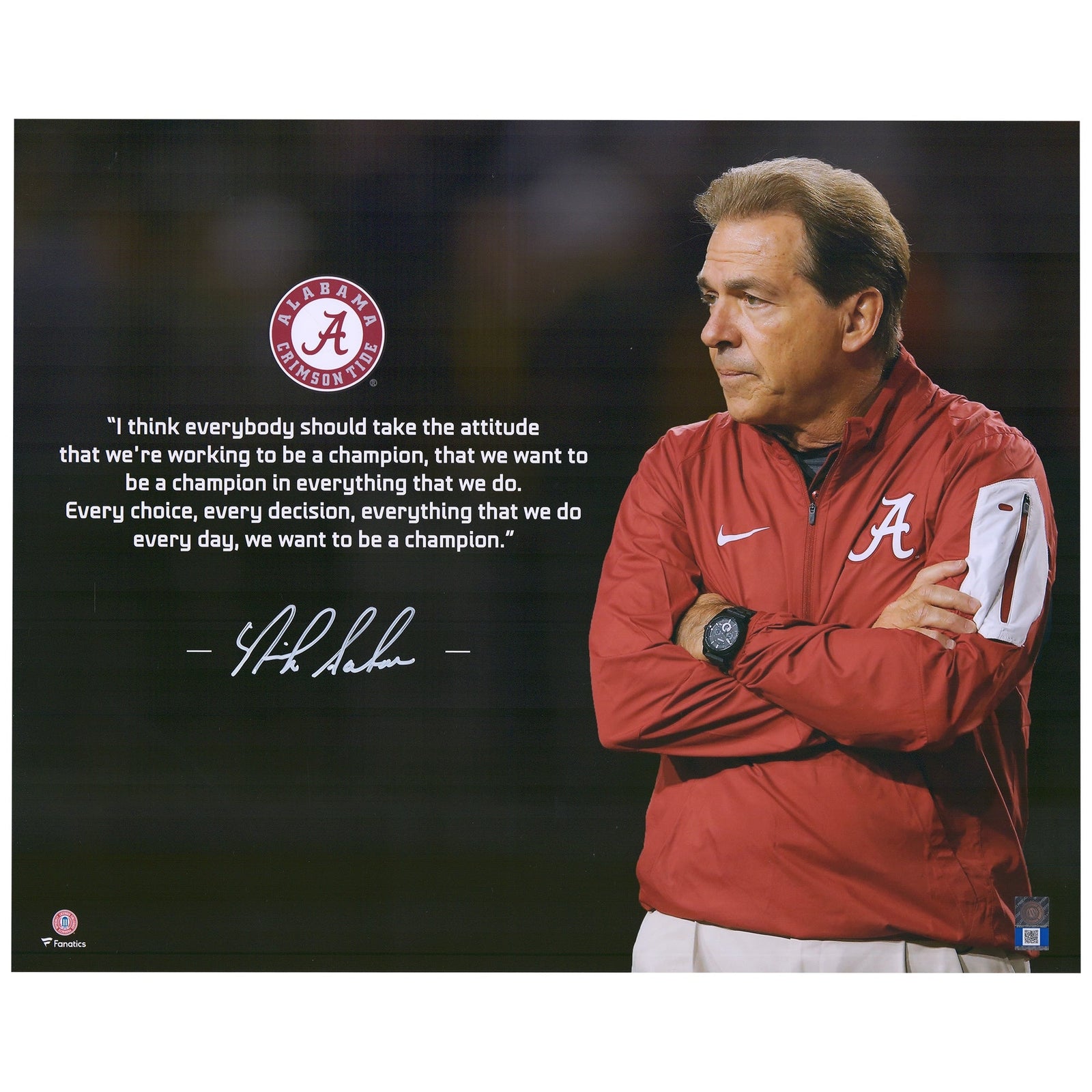 Nick Saban Alabama Crimson Tide Fanatics Authentic Autographed 16" x 20" Red Quote Photograph - The Ballers Bank