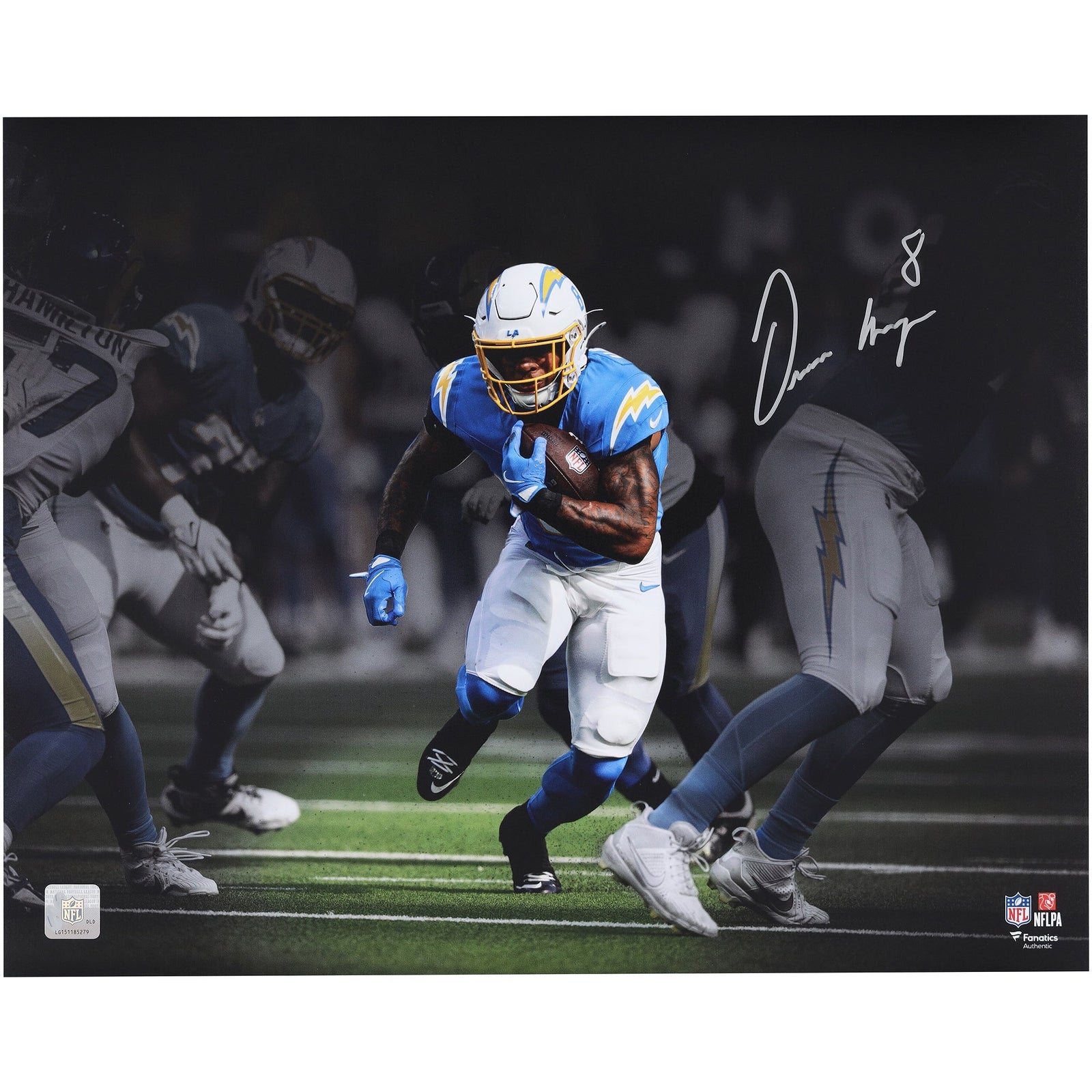 Omarion Hampton Los Angeles Chargers Autographed Fanatics Authentic 16" x 20" Running Spotlight Photograph - The Ballers Bank