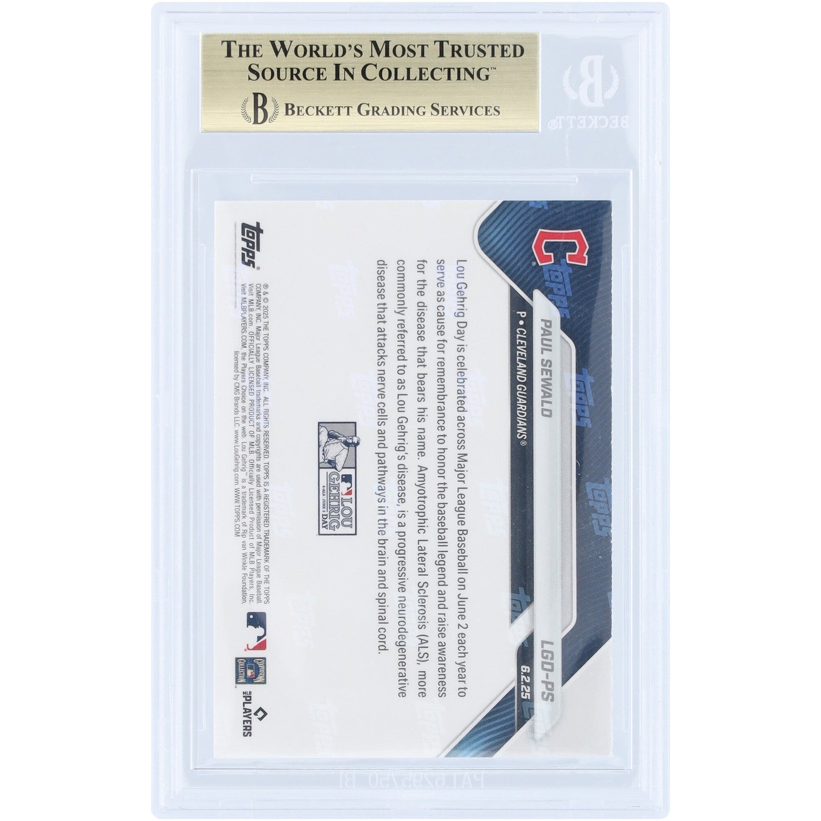 Paul Sewald Cleveland Guardians 2025 Topps Now Lou Gehrig Day LGD - PS BGS Authenticated 9.5 Card - The Ballers Bank
