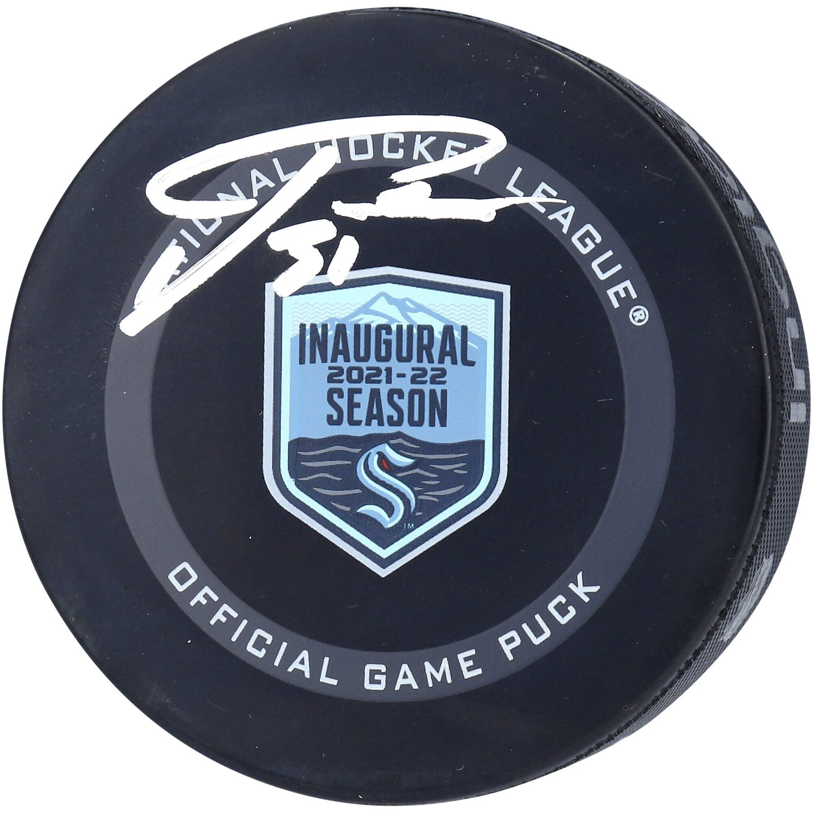 Philipp Grubauer Seattle Kraken Fanatics Authentic Autographed 2021 - 22 Inaugural Season Official Game Puck - The Ballers Bank