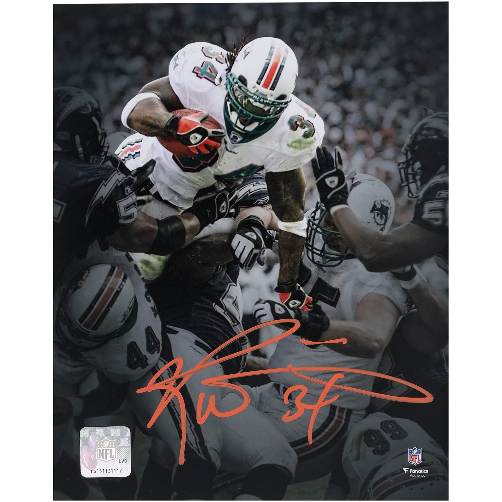 Ricky Williams Miami Dolphins Autographed Fanatics Authentic 8" x 10" Touchdown Leap Spotlight Photograph - The Ballers Bank