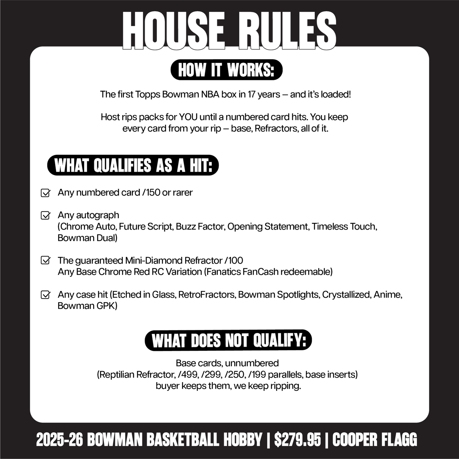 RIP TIL YOU HIT | 2025 - 26 Bowman Basketball Hobby | $279.95 | Cooper Flagg LV - The Ballers Bank