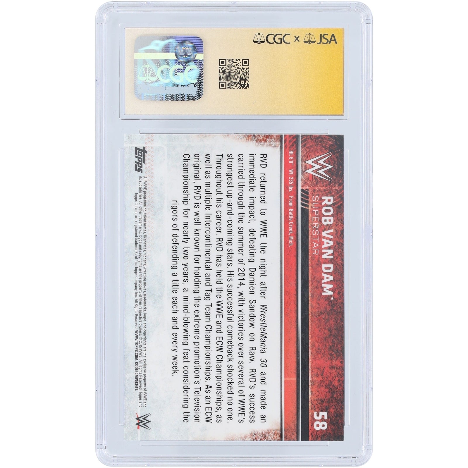 Rob Van Dam WWE Autographed 2015 Topps Chrome 58 CGC Fanatics Witnessed Authenticated 9/10 Card - The Ballers Bank