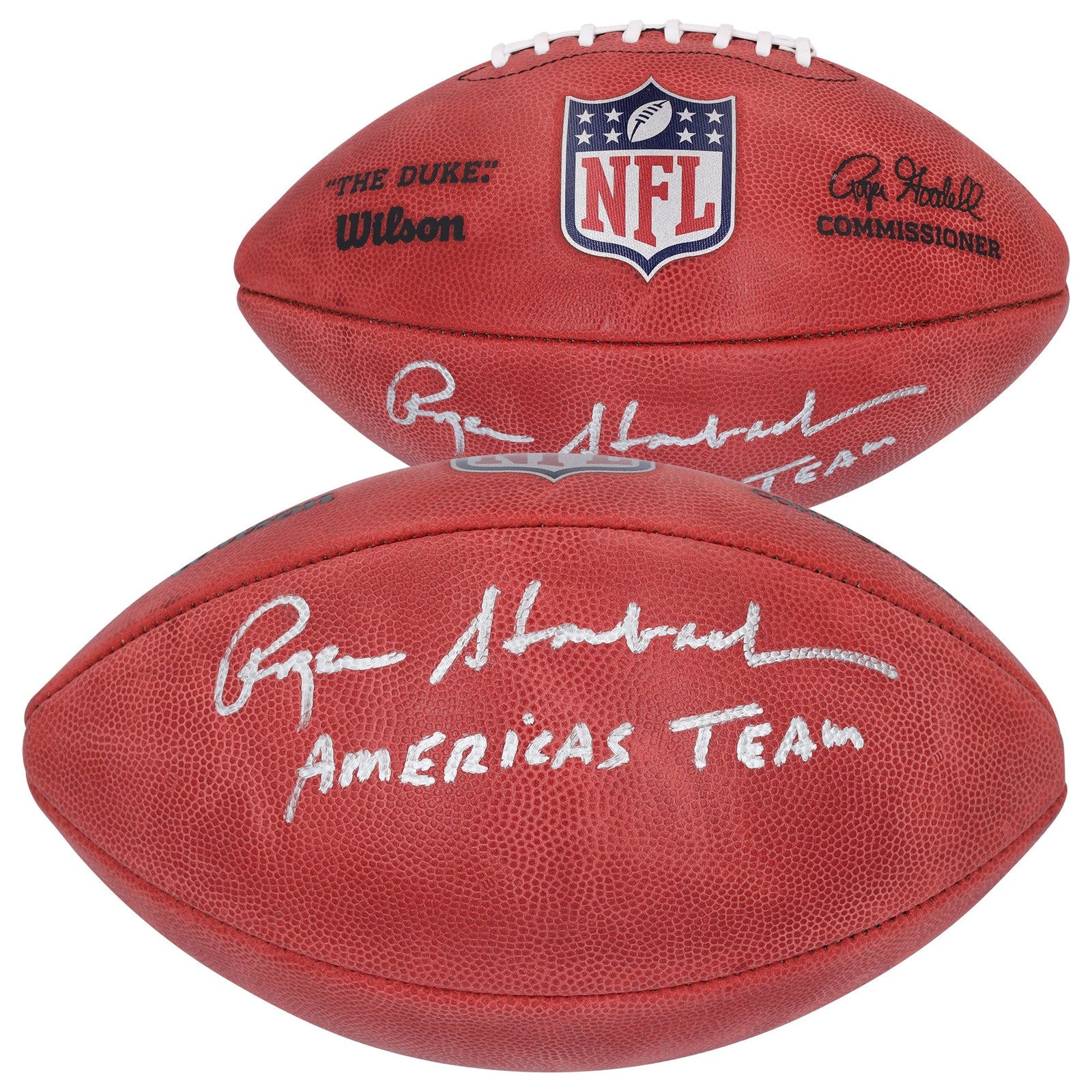 Roger Staubach Dallas Cowboys Autographed Fanatics Authentic Duke Full Color Football with "America's Team" Inscription - The Ballers Bank
