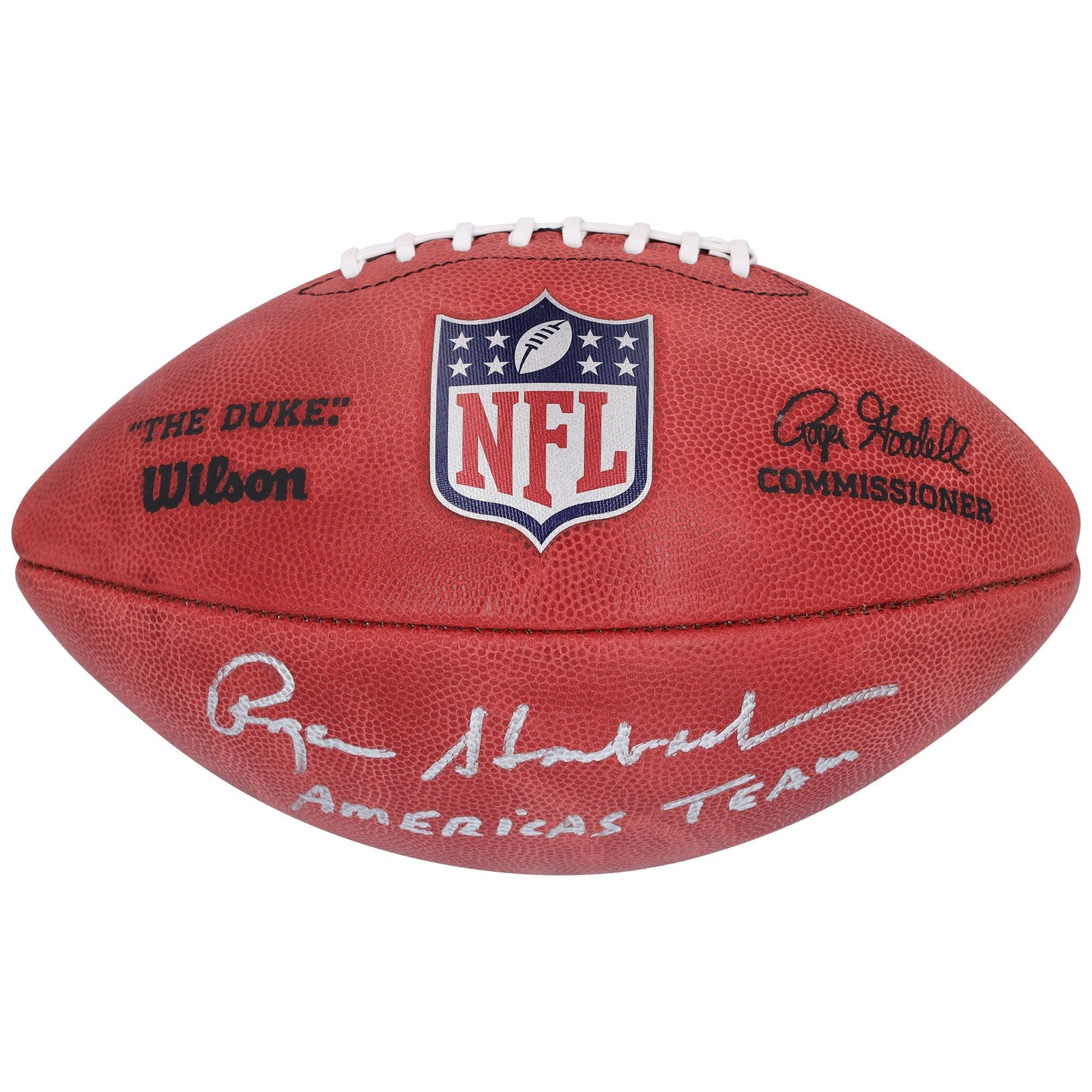 Roger Staubach Dallas Cowboys Autographed Fanatics Authentic Duke Full Color Football with "America's Team" Inscription - The Ballers Bank