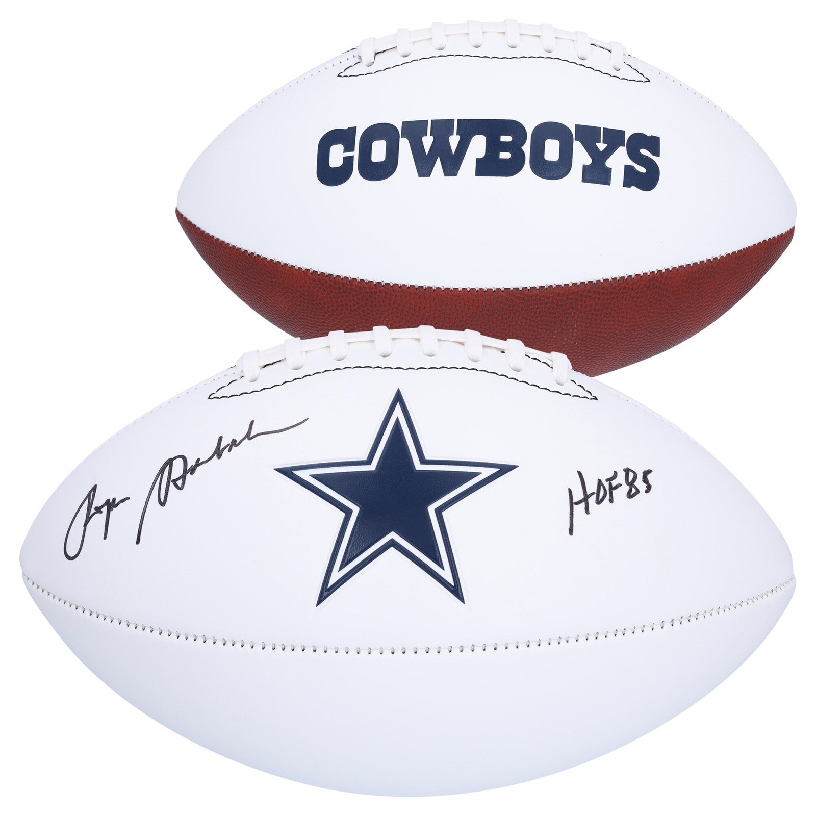Roger Staubach Dallas Cowboys Autographed Fanatics Authentic Franklin White Panel Football with "HOF 85" Inscription - The Ballers Bank