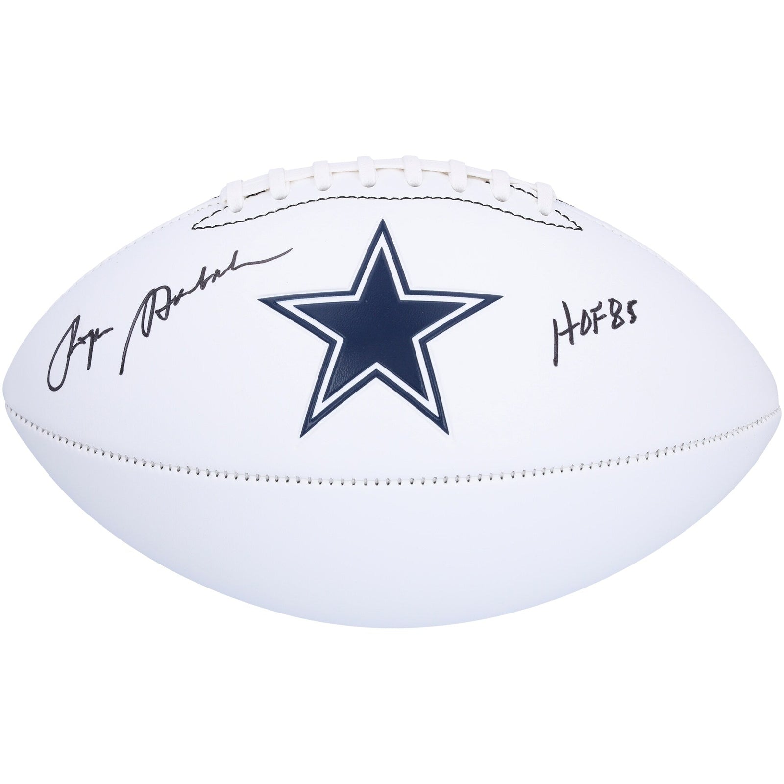 Roger Staubach Dallas Cowboys Autographed Fanatics Authentic Franklin White Panel Football with "HOF 85" Inscription - The Ballers Bank