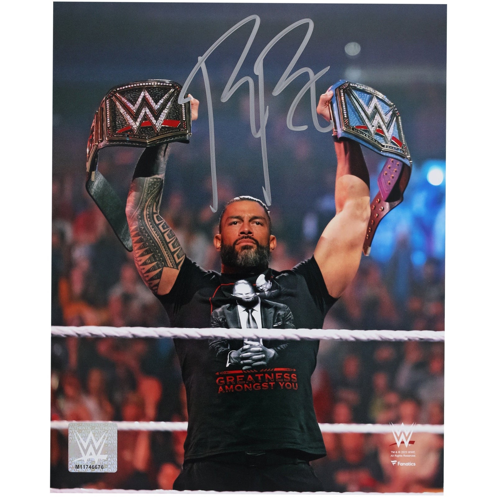 Roman Reigns WWE Autographed Fanatics Authentic 8" x 10" Raising Titles Photograph - The Ballers Bank