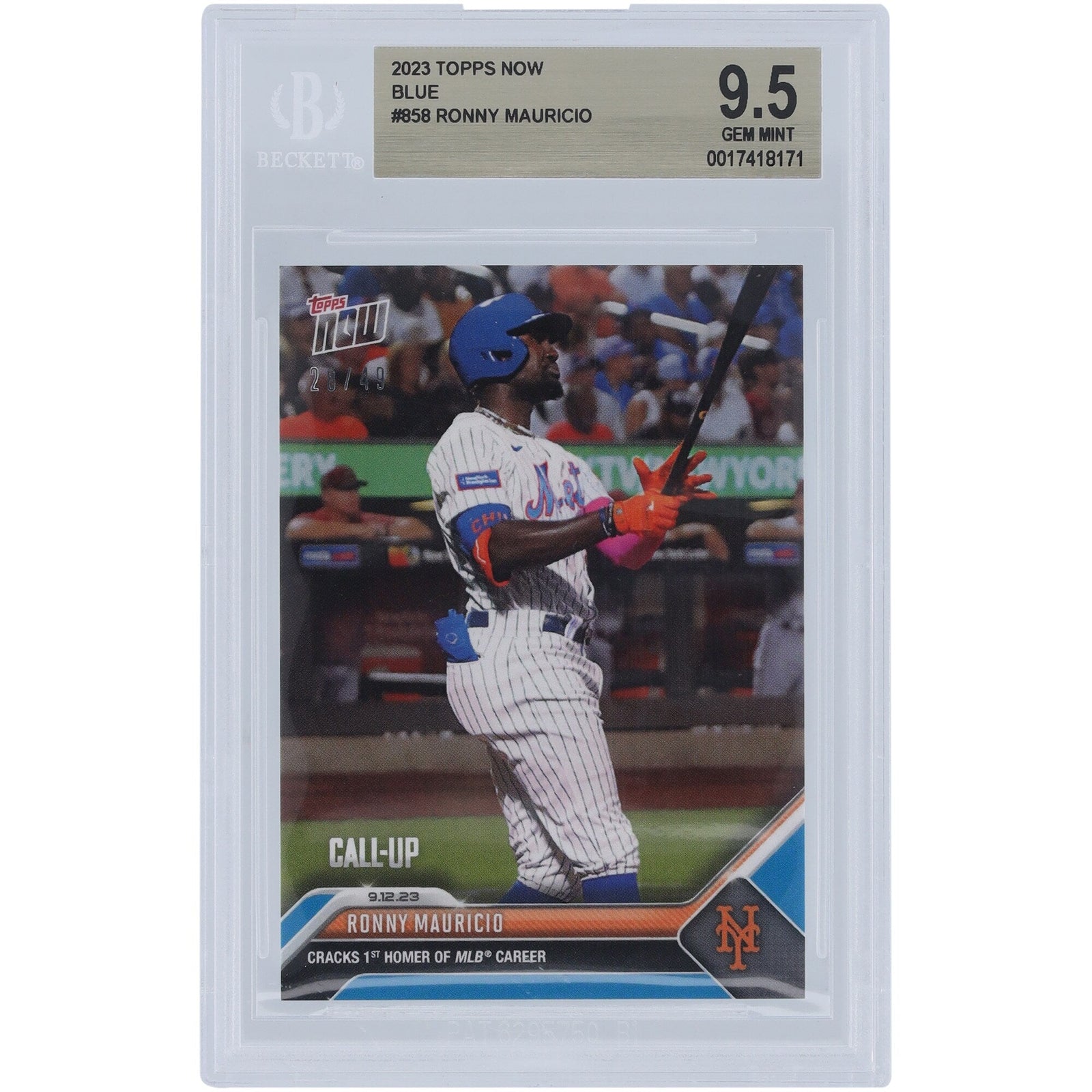 Ronny Mauricio New York Mets 2023 Topps Now Call - Up Blue 858 /49 BGS Authenticated 9.5 Card - The Ballers Bank