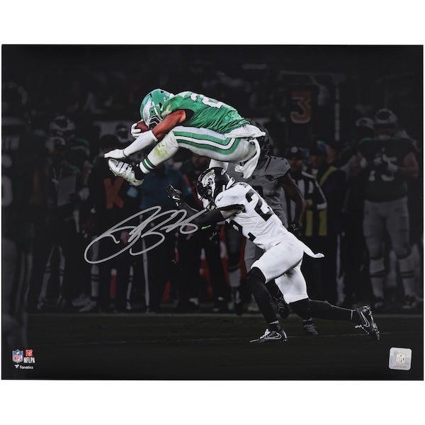 Saquon Barkley Philadelphia Eagles Autographed Fanatics Authentic 16" x 20" Reverse Hurdle Spotlight Photograph - The Ballers Bank