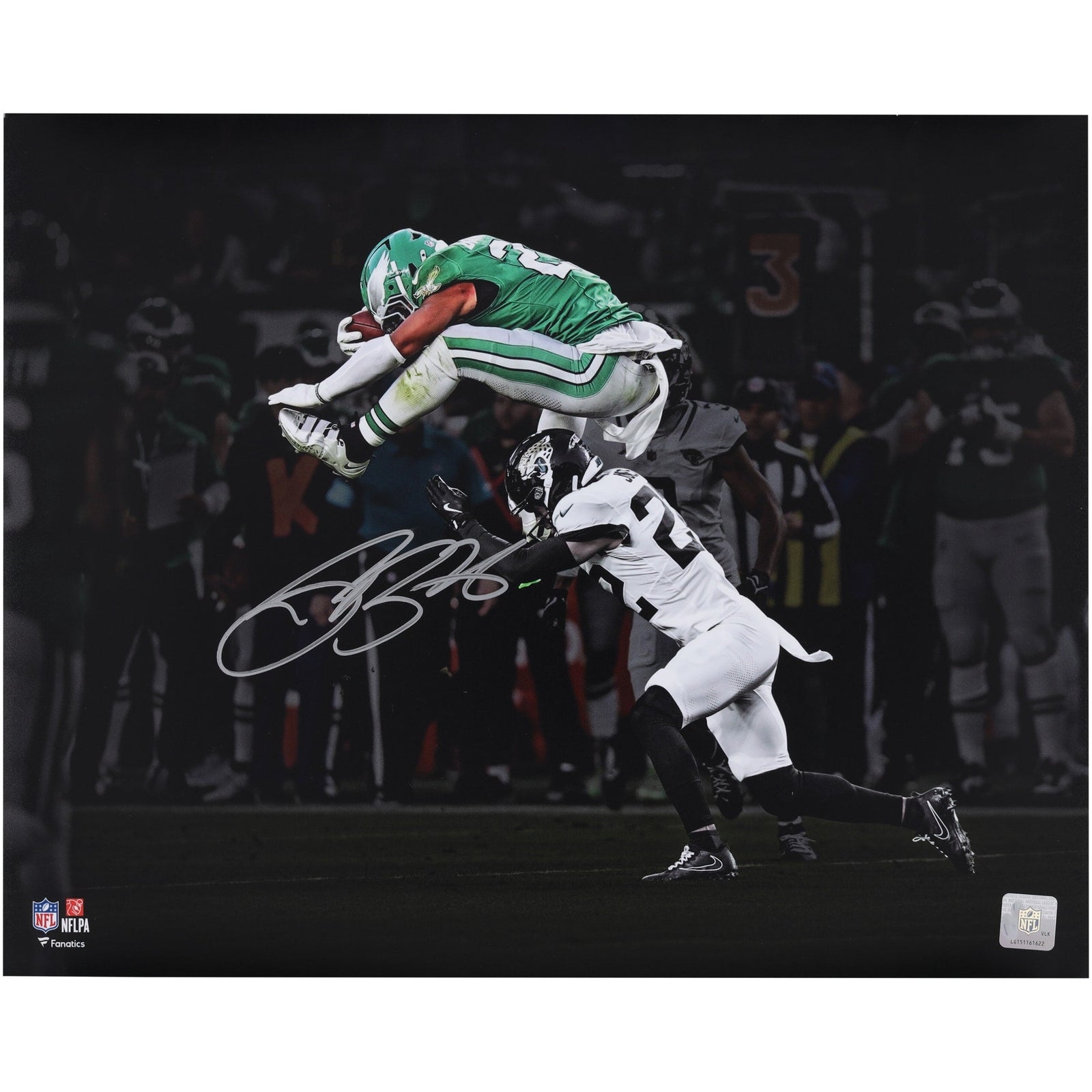 Saquon Barkley Philadelphia Eagles Autographed Fanatics Authentic 16" x 20" Reverse Hurdle Spotlight Photograph - The Ballers Bank
