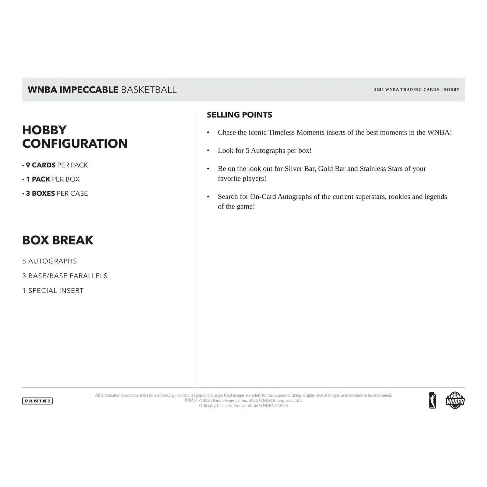 2026 Panini Impeccable WNBA Basketball Hobby Box | Presell (Ships Sealed Only)