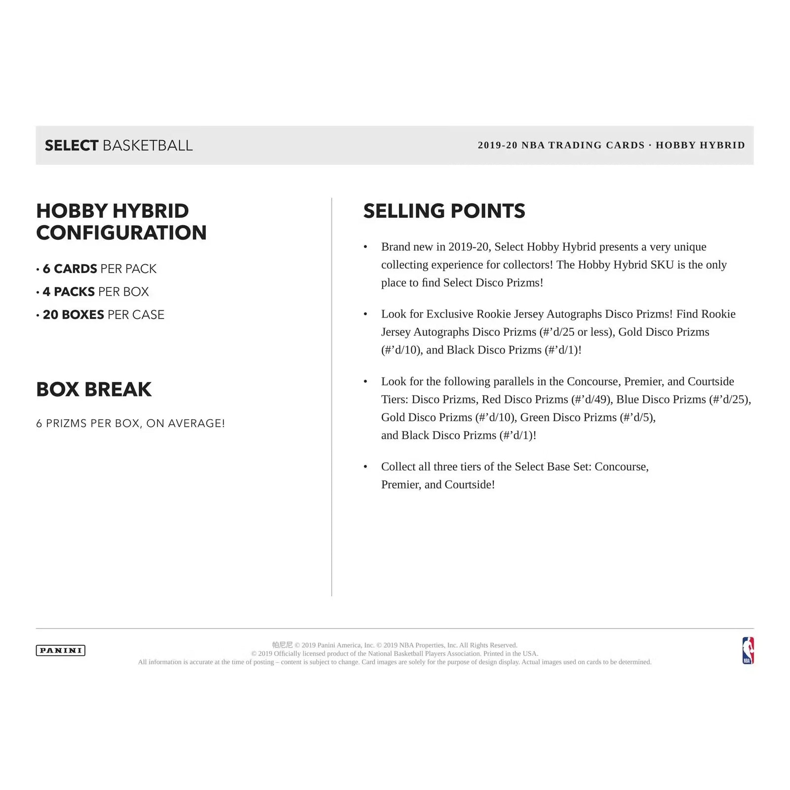 2019-20 Panini Select Basketball H2 Hobby Hybrid Box (Ships Sealed Only)