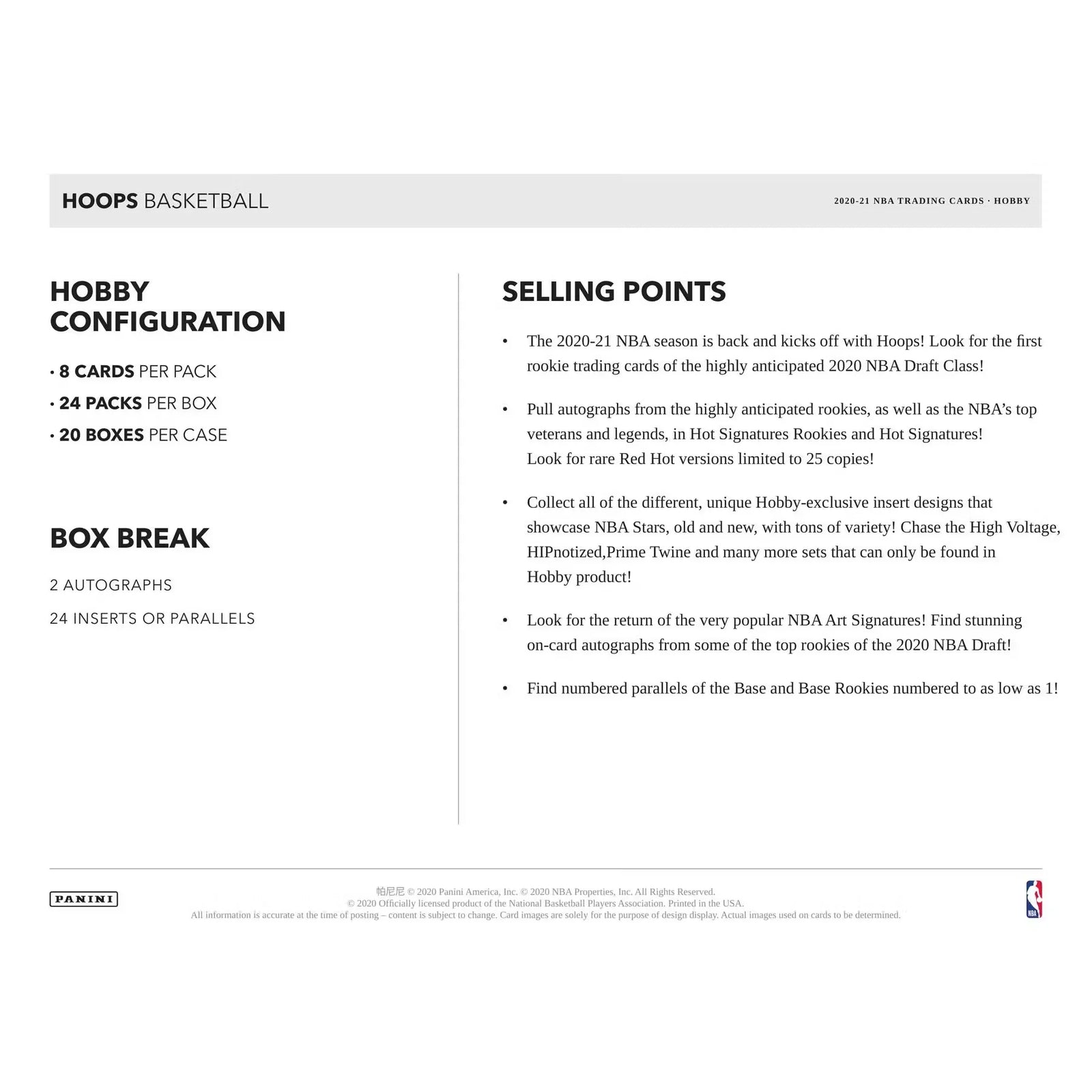 2020-21 Panini NBA Hoops Basketball Hobby Box (Ships Sealed Only) - D2