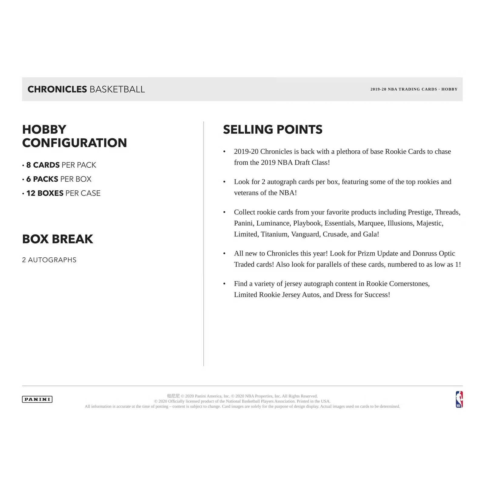 2019-20 Panini Chronicles Basketball Hobby Box (Ships Sealed Only) - D