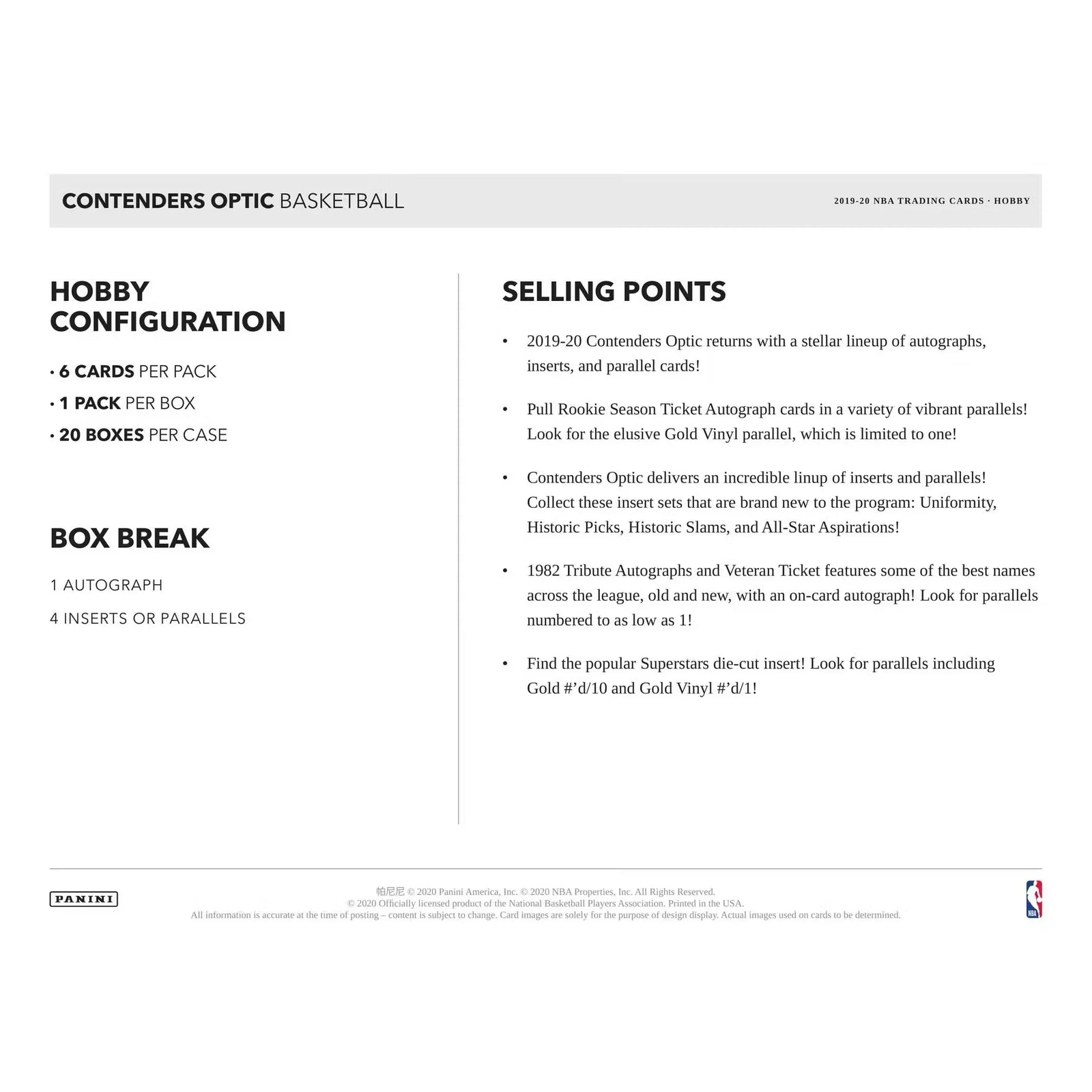2019-20 Panini Contenders Optic Basketball Hobby Box (Ships Sealed Only)