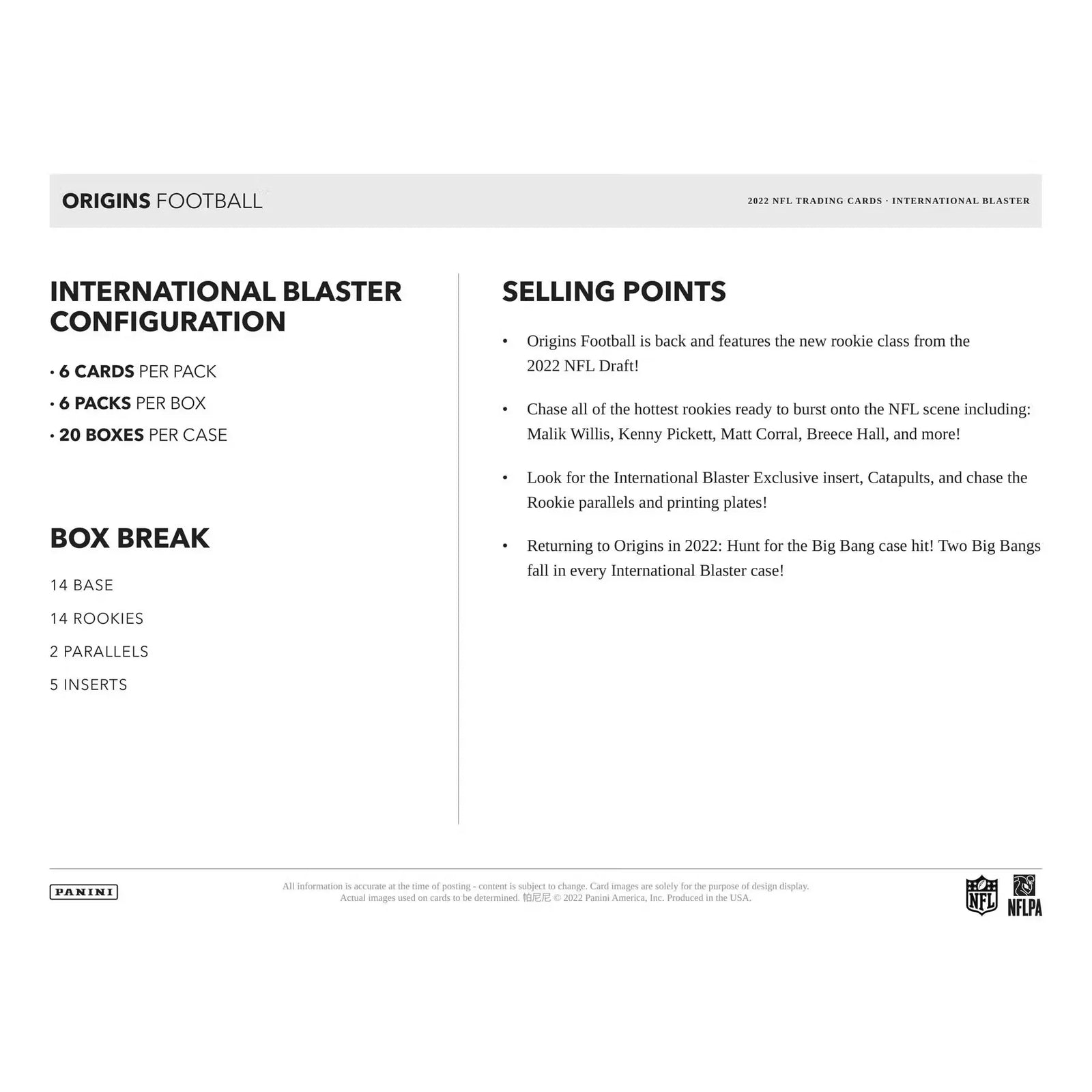 2022 Panini Origins Football International Blaster Box (Ships Sealed Only)