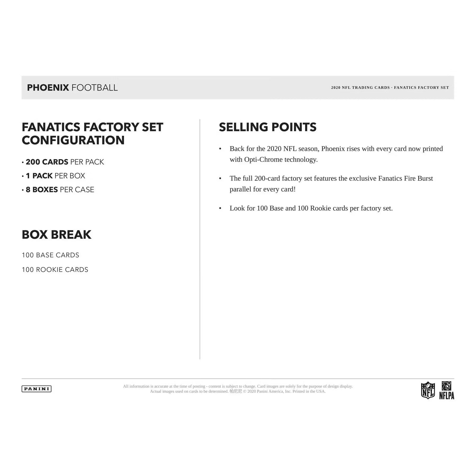 2020 Panini Phoenix Football Factory Set | 200 Cards (Ships Sealed Only)