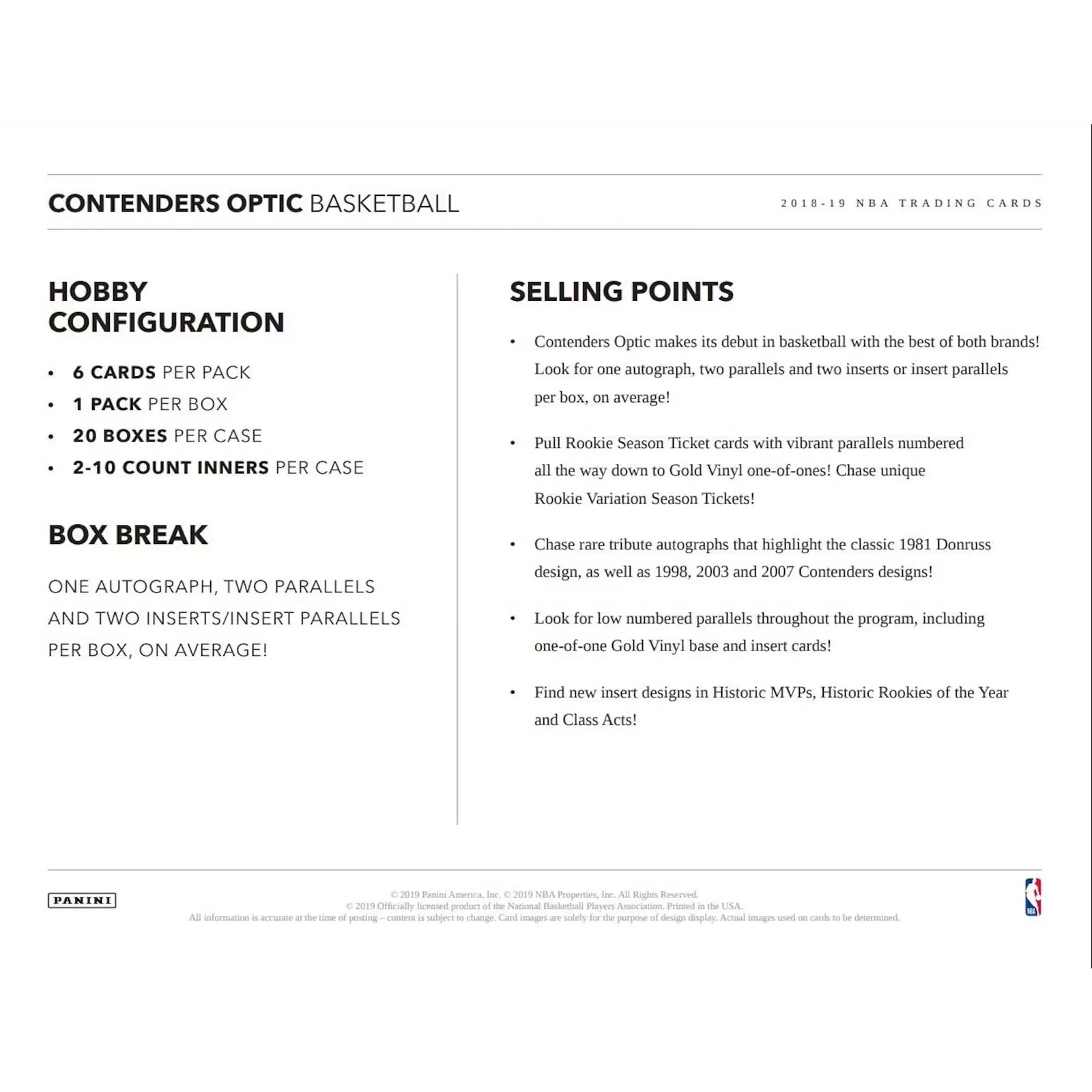 2018-19 Panini Contenders Optic Basketball Hobby Box (Ships Sealed Only) - D