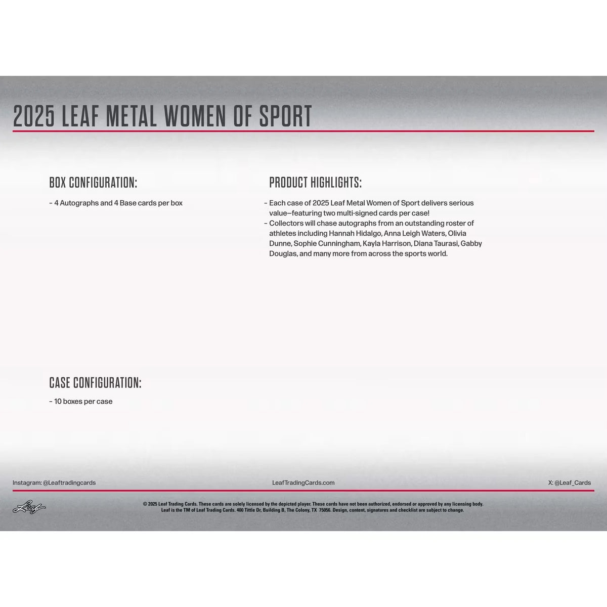 2025 Leaf Metal Women of Sport Hobby Box (Ships Sealed Only) | P5179203