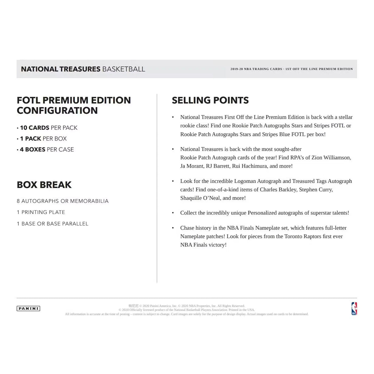 2019-20 Panini National Treasures FOTL Basketball Hobby Box (Ships Sealed Only) | P5595628