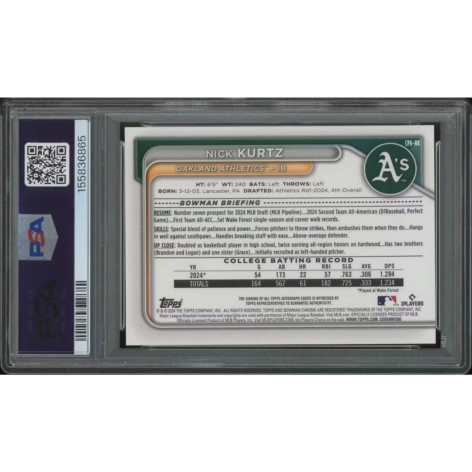 2024 Bowman Chrome Draft Baseball #CPANK Nick Kurtz Green Refractor Rookie Auto #64/99 PSA 10 (GEM MT) Sapphire