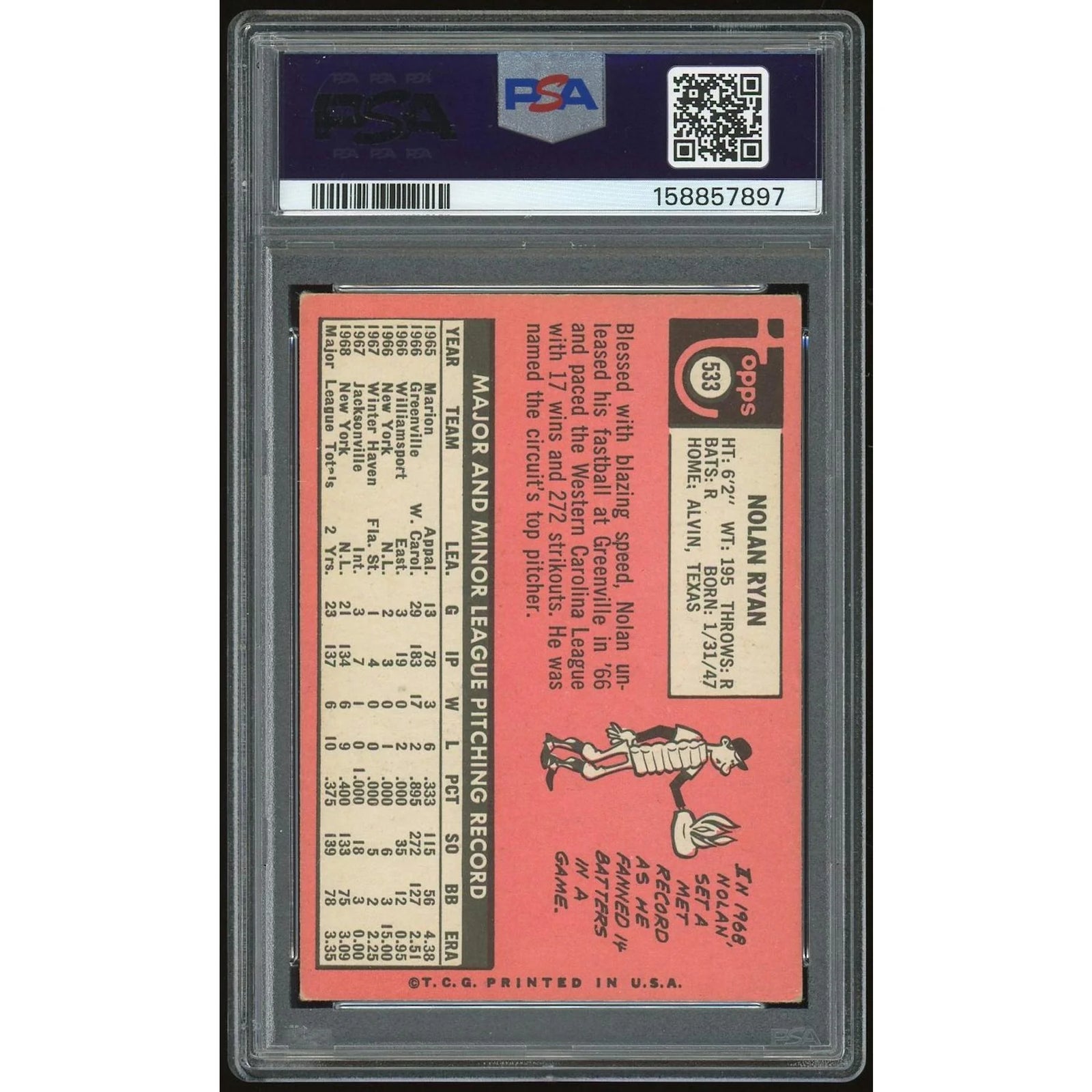 Nolan Ryan 1969 Topps #533 Rookie Card | PSA 4