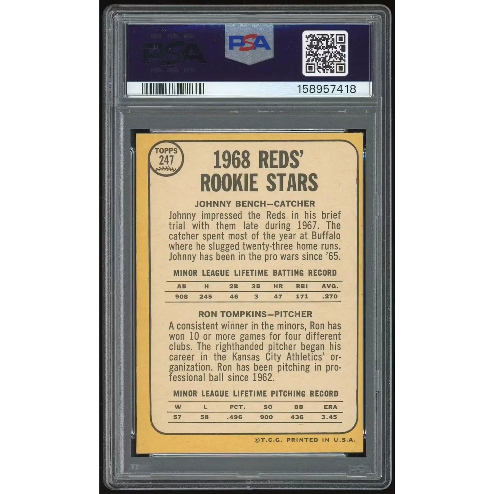 Johnny Bench 1968 Topps #247 Rookie Card | PSA 4