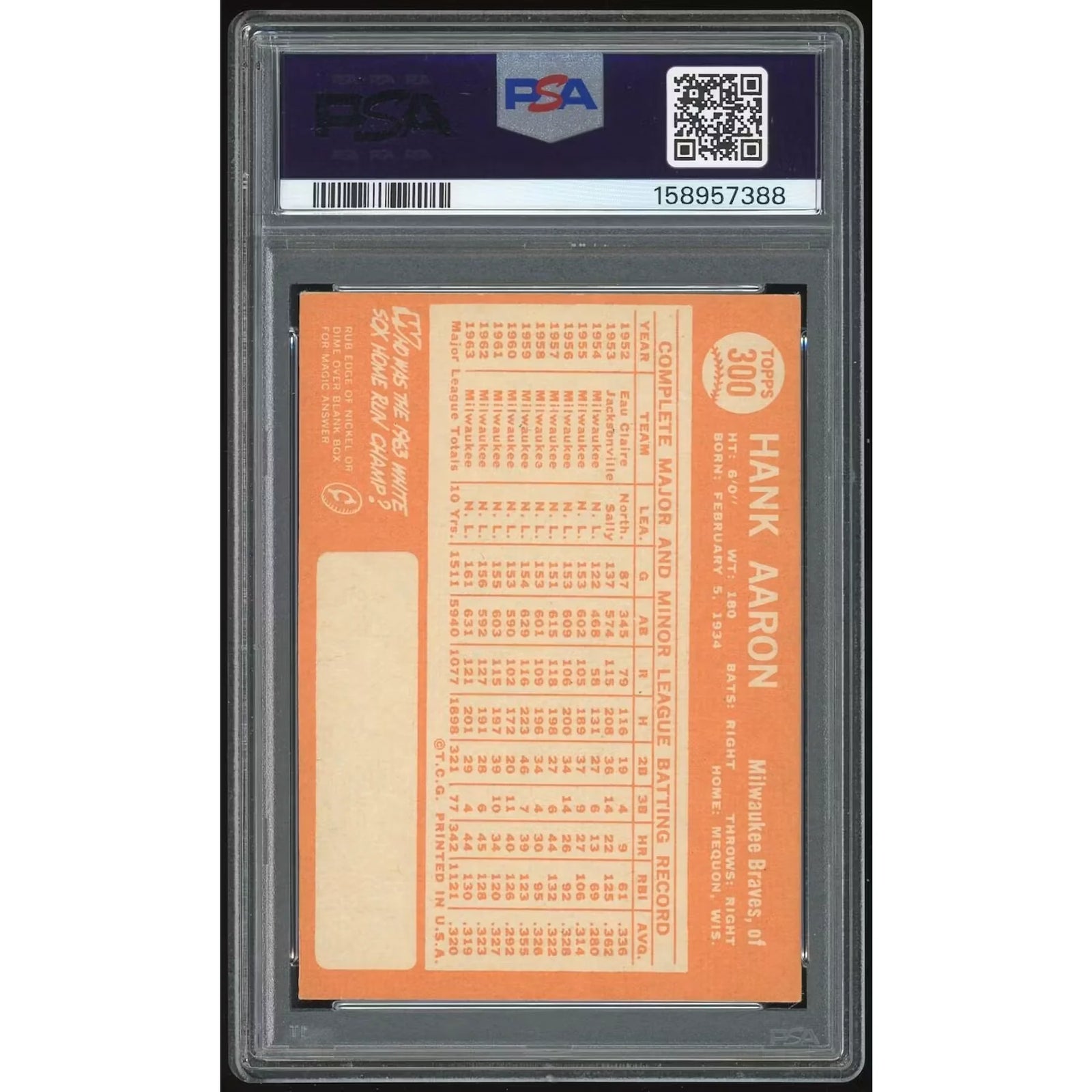1964 Topps #300 Hank Aaron Baseball Card | PSA 4