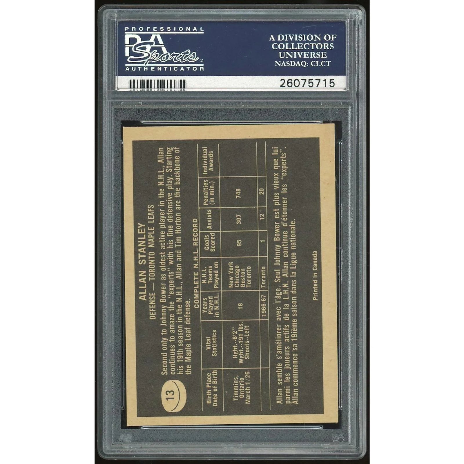 Allan Stanley 1967-68 Topps #13 Hockey Card | PSA 8