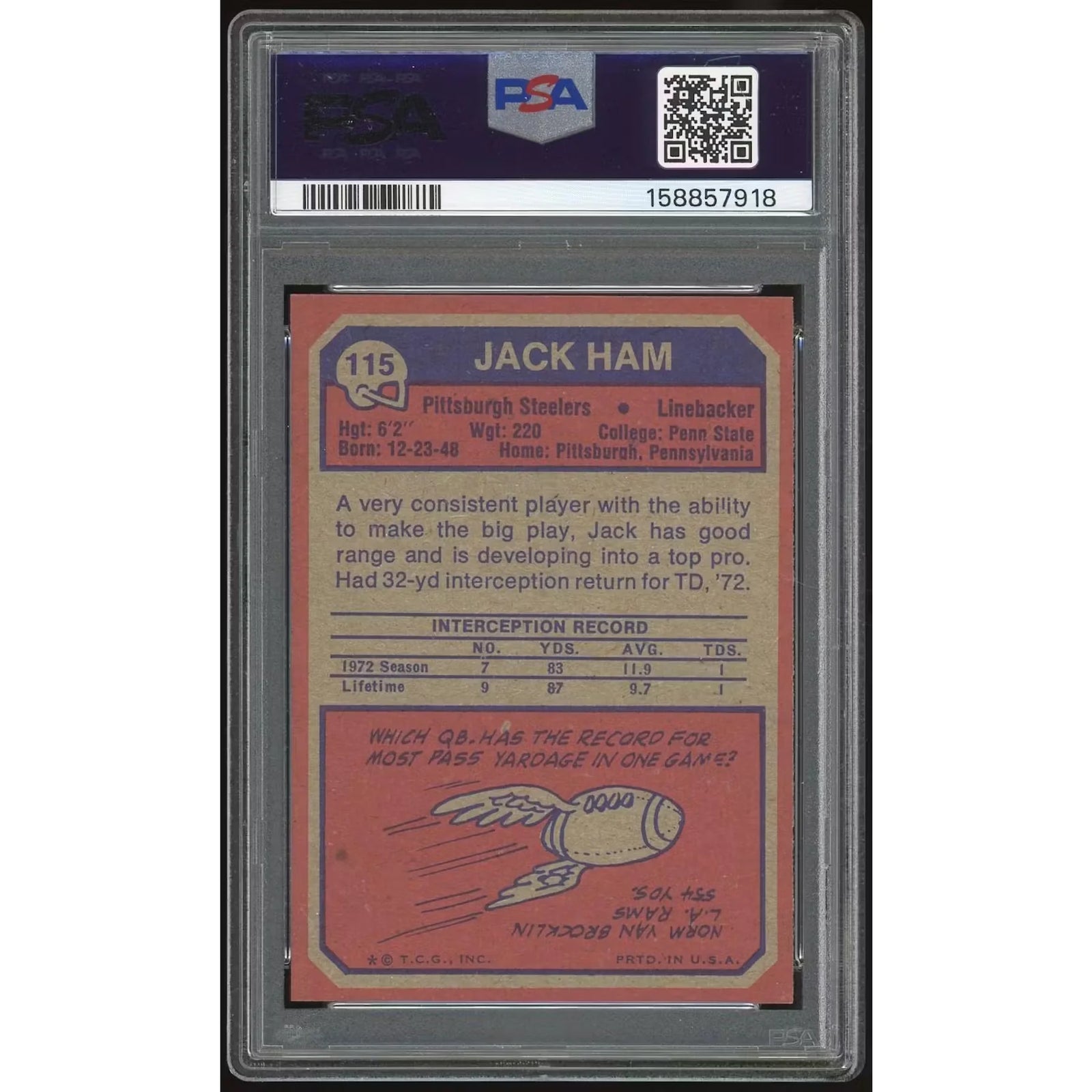 Jack Ham 1973 Topps #115 Rookie Card | PSA 7